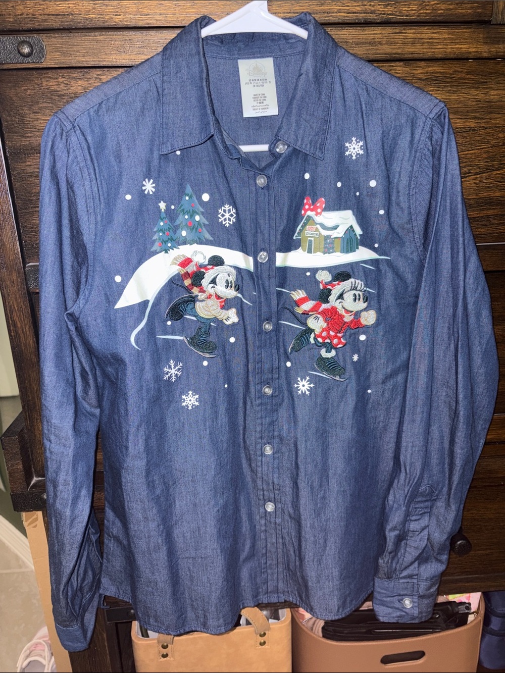 Disney Blue Denim-Look Button Down Shirt with Mickey & Minnie Winter Embroidery
